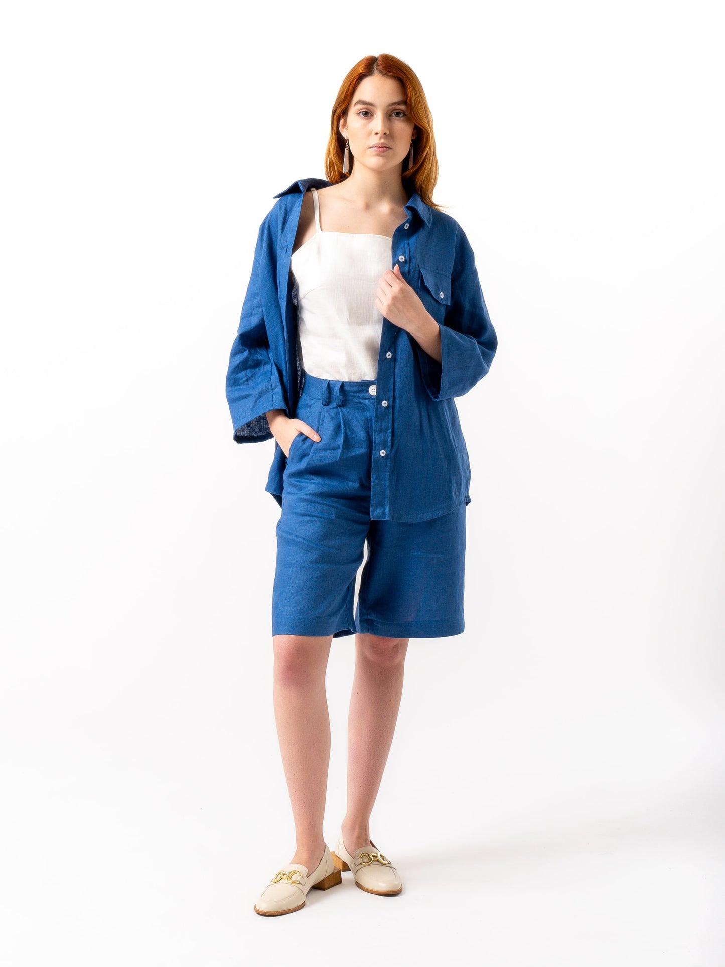 Blue set of blue linen bermuda and shirt