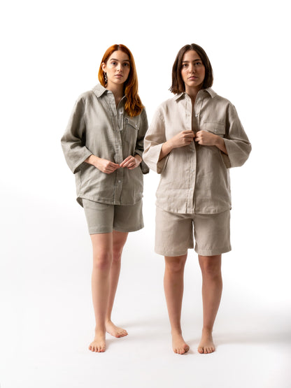 linen shirt and shorts in grey white and beige