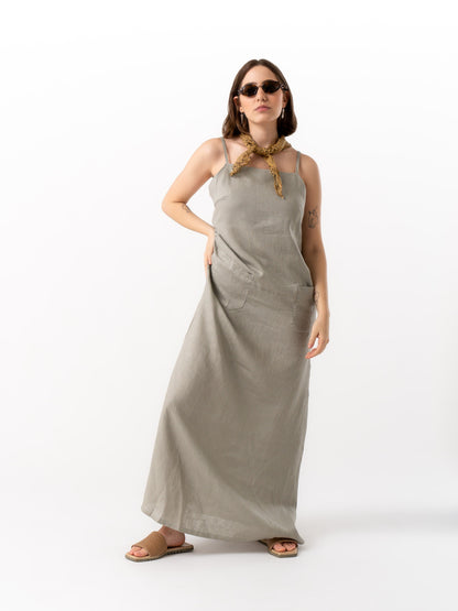 woman wearing Grey long linen dress