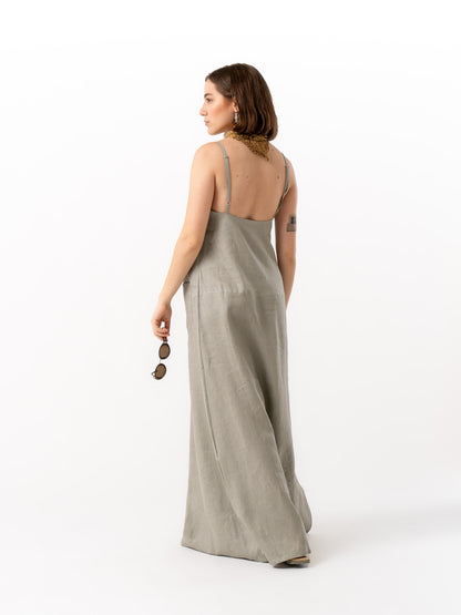 woman wearing Grey long linen dress