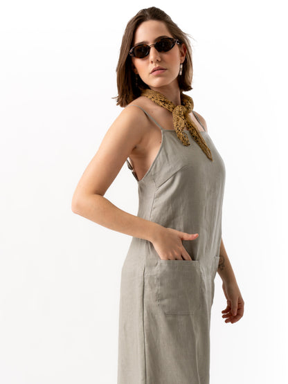 woman wearing Grey long linen dress