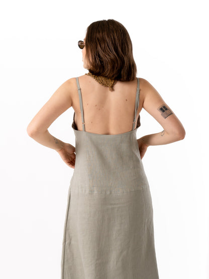 woman wearing Grey long linen dress