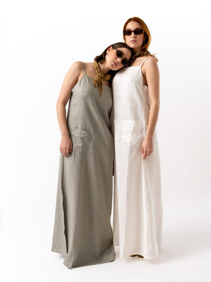 women wearing white and grey linen long dress