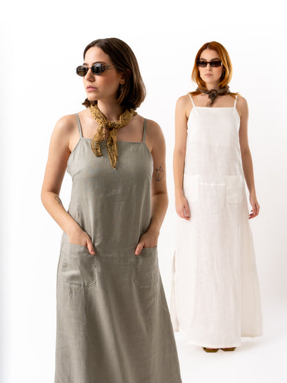 women wearing white and grey linen long dress