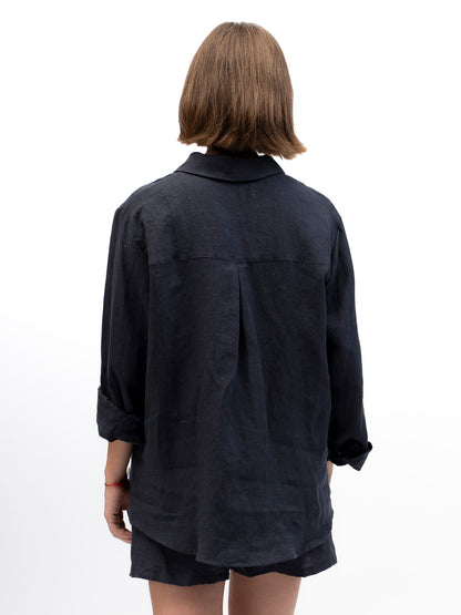 Camisa de lino abotonada EREV Azul Marino