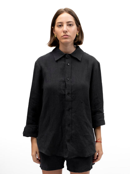 Camisa de lino abotonada EREV Negro