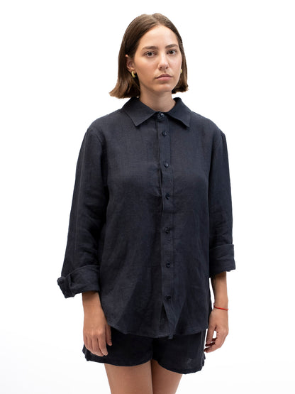 Camisa de lino abotonada EREV Azul Marino