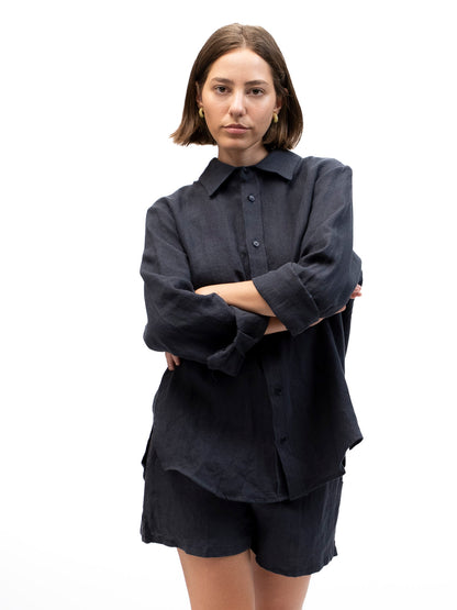 Camisa de lino abotonada EREV Negro