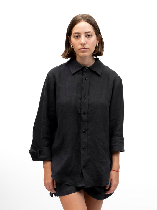 Camisa de lino abotonada EREV Negro