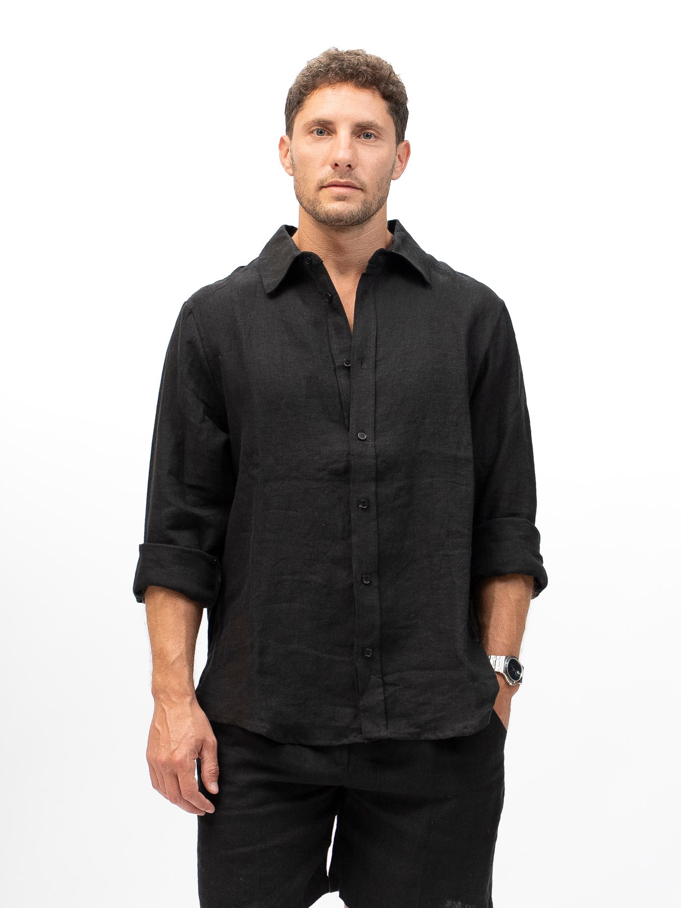 Camisa de lino Abotonada EREV Negro para Hombre