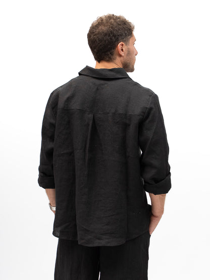 Camisa de lino Abotonada EREV Negro para Hombre