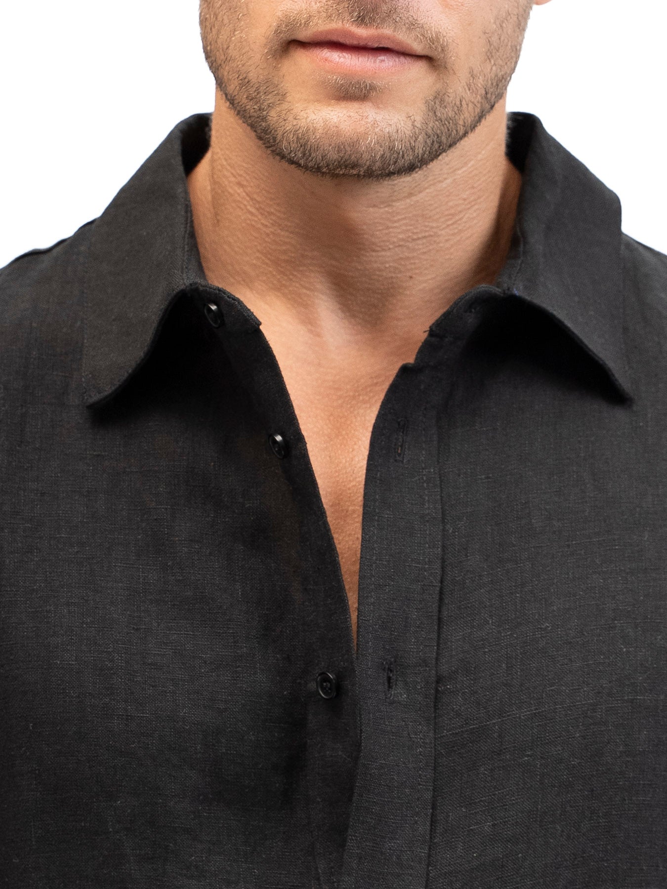 Camisa de lino Abotonada EREV Negro para Hombre