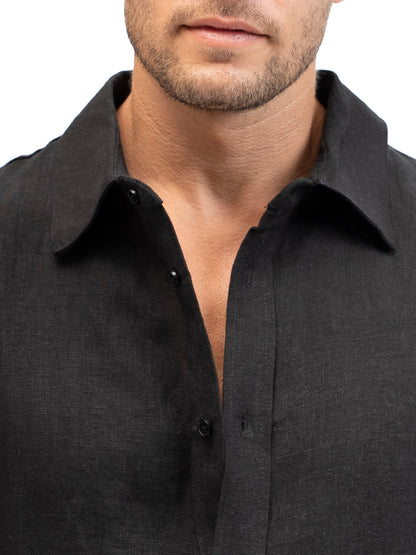 Camisa de lino Abotonada EREV Negro para Hombre