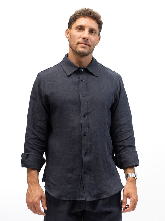 Linen Button-up Shirt EREV Marine Blue for Men