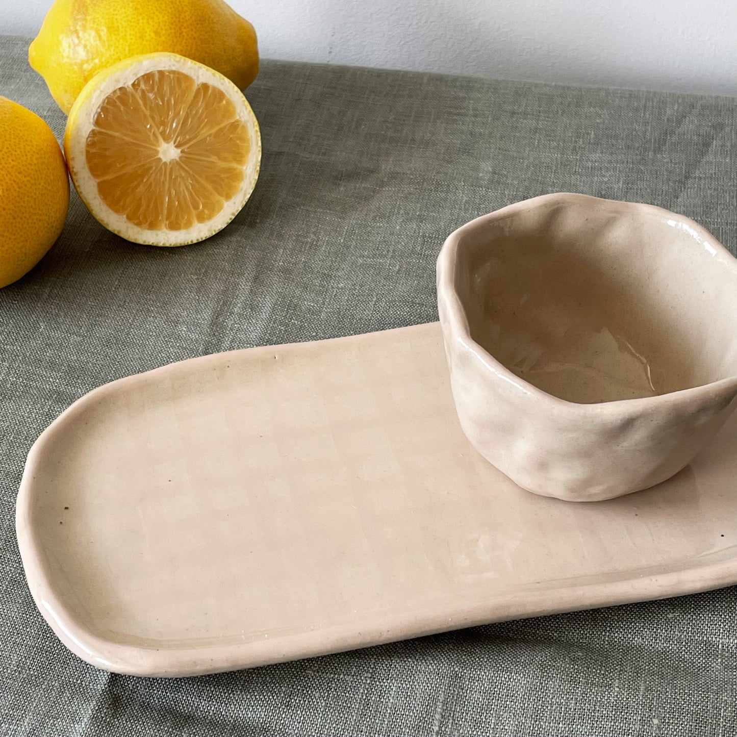 Plaid tray with coffee/tea bowl